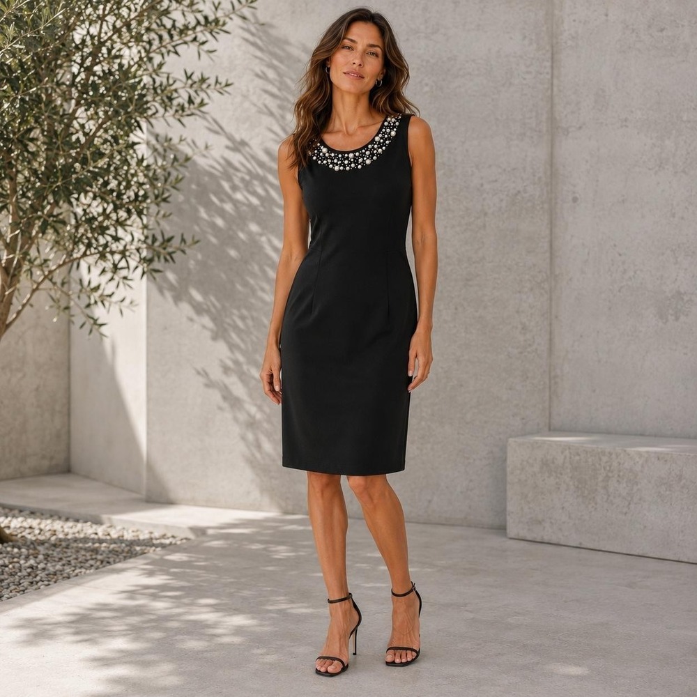 CALVIN KLEIN New Women's Sheath Dress 14 Black Sleeveless Elegant Pearl